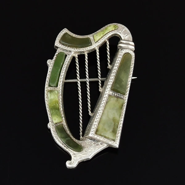 Antique Victorian Irish Connemara Marble Lyre Harp Brooch