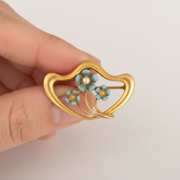 Antique 10K Gold Blue Enamel Pearl Forget Me Not Brooch - Boylerpf