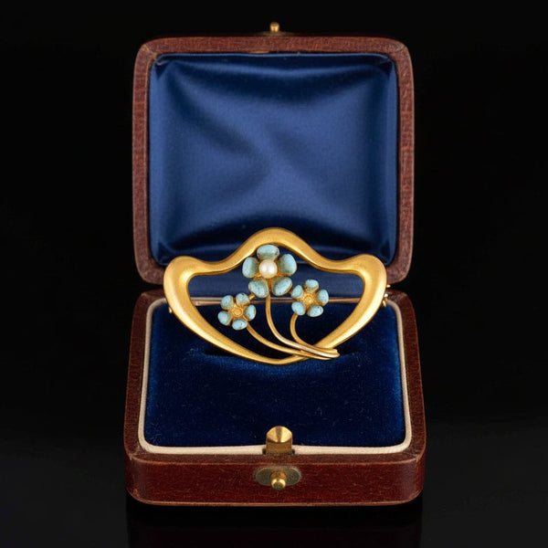 Antique 10K Gold Blue Enamel Pearl Forget Me Not Brooch - Boylerpf
