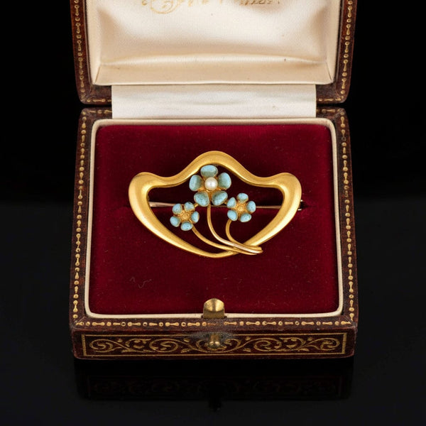 Antique 10K Gold Blue Enamel Pearl Forget Me Not Brooch - Boylerpf