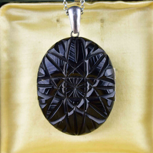 Antique Victorian Carved Whitby Jet Starburst Locket Necklace - Boylerpf