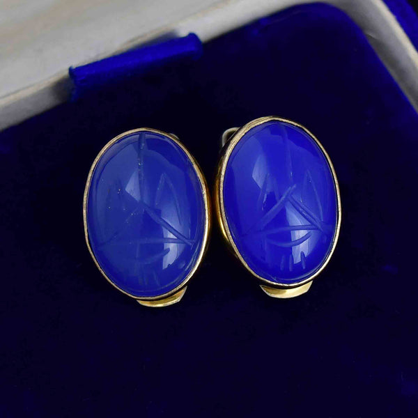 Vintage Blue Chalcedony Scarab Clip On Earrings - Boylerpf