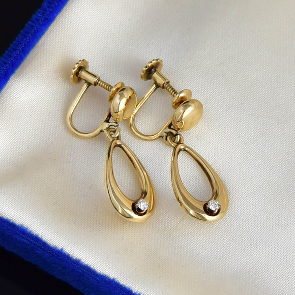 Vintage 14K Gold Diamond Drop Hoop Earrings