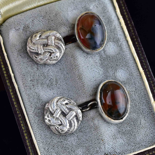 Antique Silver Snake Scottish Moss Agate Cufflinks - Boylerpf