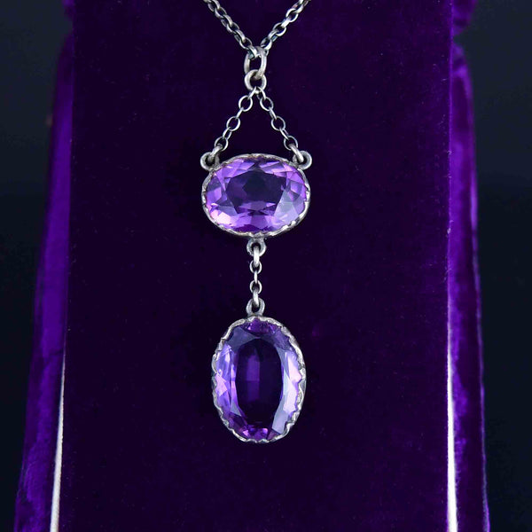 Antique Edwardian Silver 5.5 CTW Amethyst Drop Pendant Necklace - Boylerpf