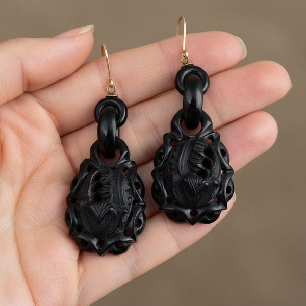 Victorian 9K Gold Carved Whitby Jet Earrings, Lily of the Valley