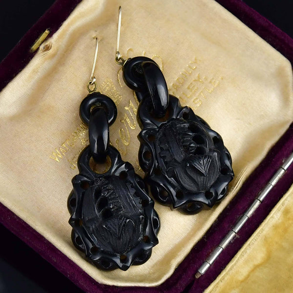 Victorian 9K Gold Carved Whitby Jet Earrings, Lily of the Valley