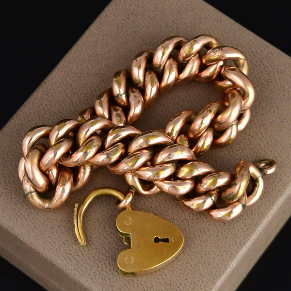 Antique Rolled Rose Gold Heart Padlock Curb Chain Bracelet - Boylerpf