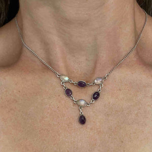 Vintage Silver Amethyst Moonstone Bib Drop Necklace - Boylerpf