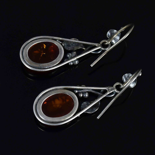 Arts and Crafts Style Silver Baltic Amber Cabochon Drop Earrings - Boylerpf