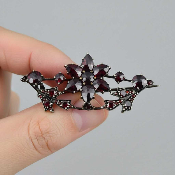 Antique Victorian Rose Cut Garnet Floral Leaf Brooch - Boylerpf