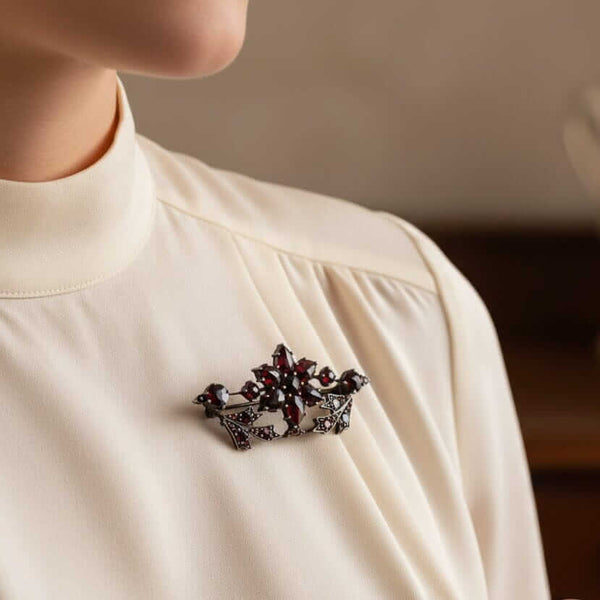 Antique Victorian Rose Cut Garnet Floral Leaf Brooch - Boylerpf