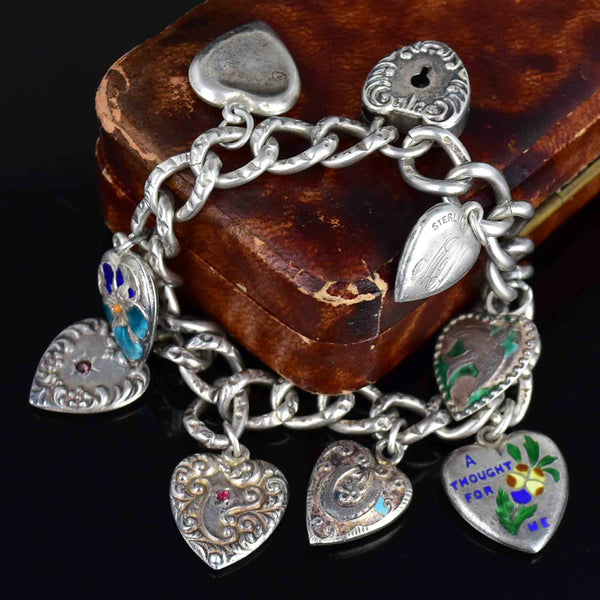 Antique Personalized Silver Enamel Puffy Heart Charm Bracelet - Boylerpf