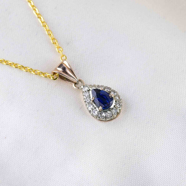 Vintage 14K Gold Sapphire Diamond Halo Pendant Necklace - Boylerpf