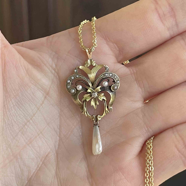 Antique Diamond Pearl 10K Gold Floral Lavalier Necklace - Boylerpf