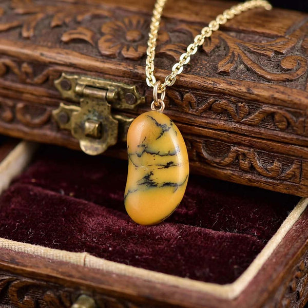 Vintage 9K Gold Dendritic Honey Opal Lucky Bean Necklace