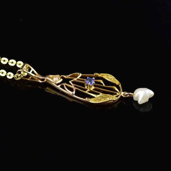 10K Gold Art Nouveau Pearl Sapphire Lavaliere Necklace - Boylerpf