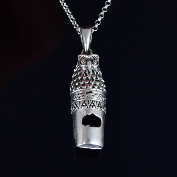 Vintage Owl Whistle Pendant Sterling Silver Necklace