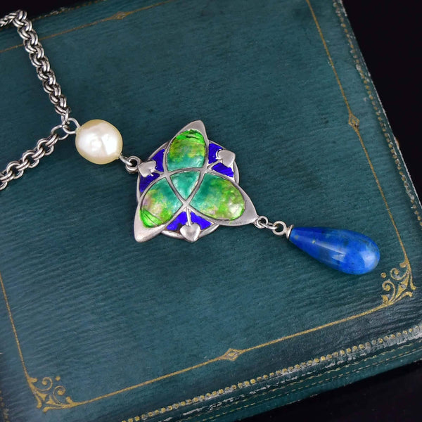 Art Nouveau Silver Enamel Pearl Lapis Lazuli Necklace