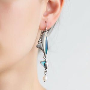 Vintage Malcolm Gray Ortak Silver Enamel Pearl Drop Earrings - Boylerpf