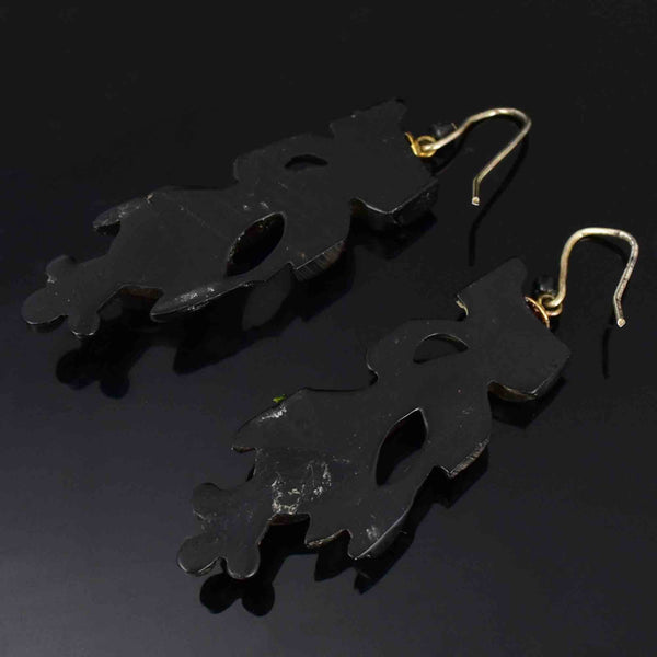 Antique Victorian Whitby Jet Snowdrop Dangle Earrings - Boylerpf