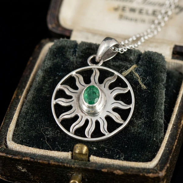 Vintage Emerald Sterling Silver Sun Pendant Necklace