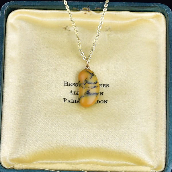 Vintage 9K Gold Dendritic Honey Opal Lucky Bean Necklace