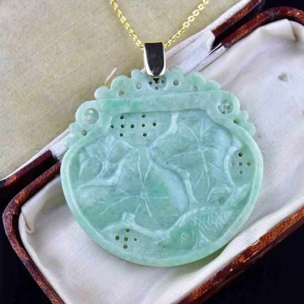 Vintage 14K Gold Carved Jade Fish Lilly Pad Pendant Necklace - Boylerpf