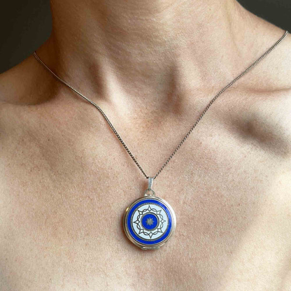 Vintage Blue Guilloche Sterling Silver Locket Necklace - Boylerpf