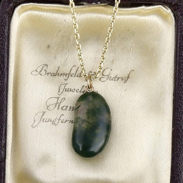 Vintage 9K Gold Moss Agate Lucky Bean Necklace