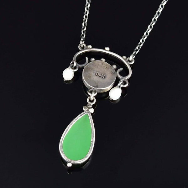 Antique Arts & Crafts Chrysoprase Pearl Drop Pendant Necklace - Boylerpf