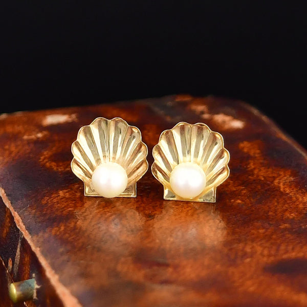 Vintage Pearl 9K Gold Scallop Shell Stud Earrings - Boylerpf