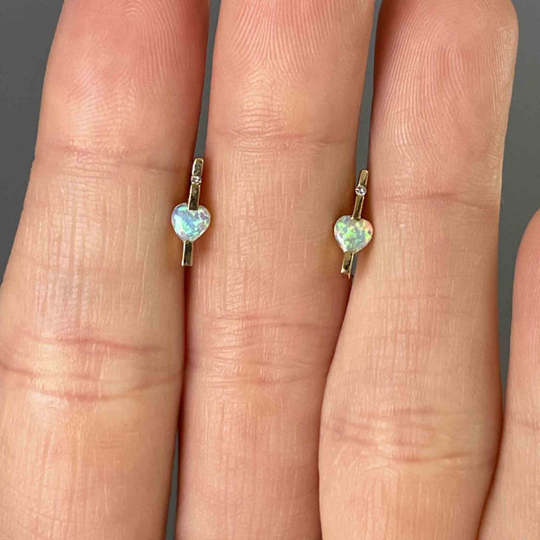 Vintage 14K Gold Var Diamond Opal Heart Earrings - Boylerpf