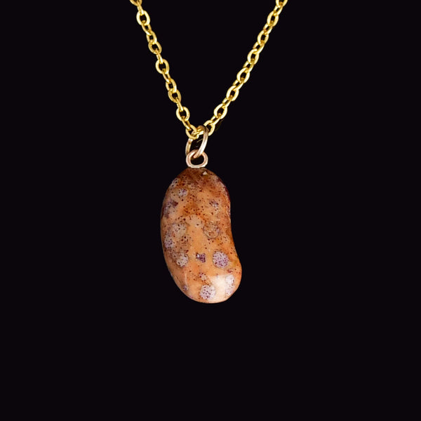 Vintage Gold Marbled Agate Lucky Bean Charm Pendant Necklace