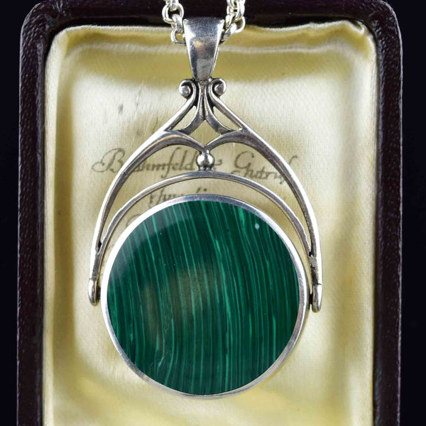 Vintage Large Silver Malachite Onyx Spinner Fob Charm Necklace - Boylerpf