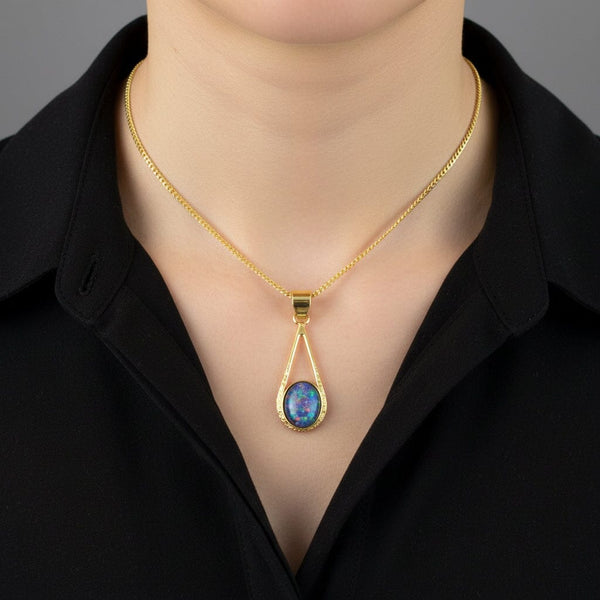 Vintage Sterling Silver Gilt Australian Opal Pendant Necklace - Boylerpf