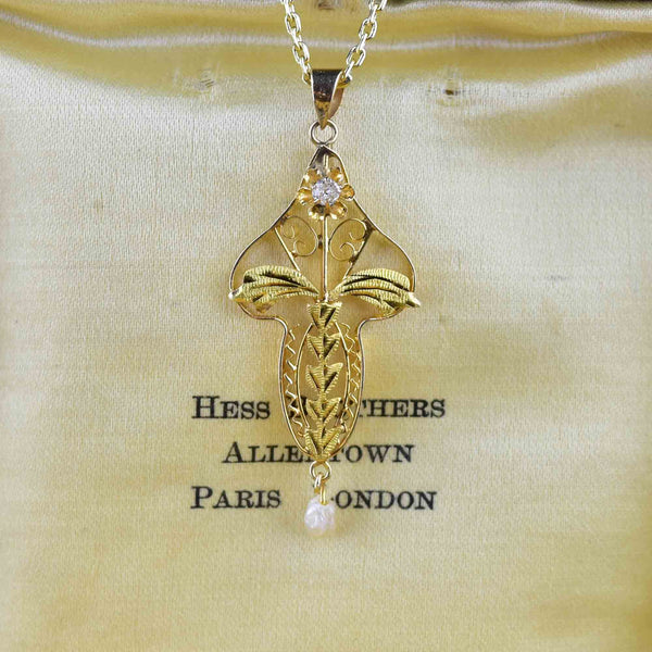 Vintage 14K Gold Buttercup Diamond Pearl Lavalier Necklace - Boylerpf