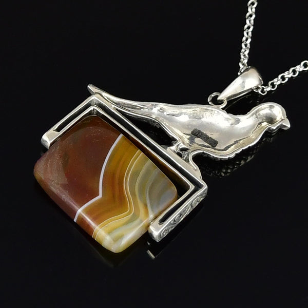 Sterling Silver Pheasant Banded Agate Spinner Fob Necklace