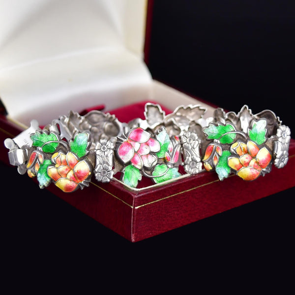 Antique Floral Enamel Sterling Silver Bracelet