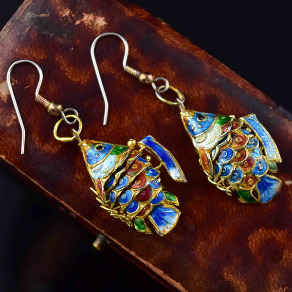 Vintage Gold Vermeil Blue Enamel Articulated Koi Fish Earrings - Boylerpf