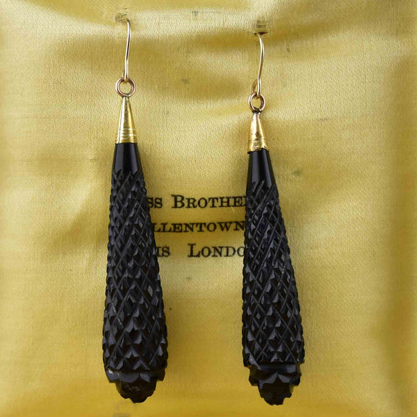 Antique Victorian Gold Carved Whitby Jet Earrings - Boylerpf