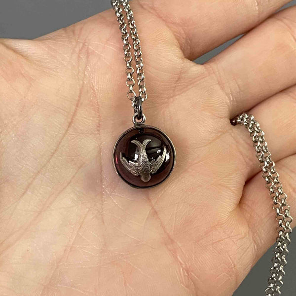 Vintage Silver Domed Garnet Swallow Pendant Necklace - Boylerpf