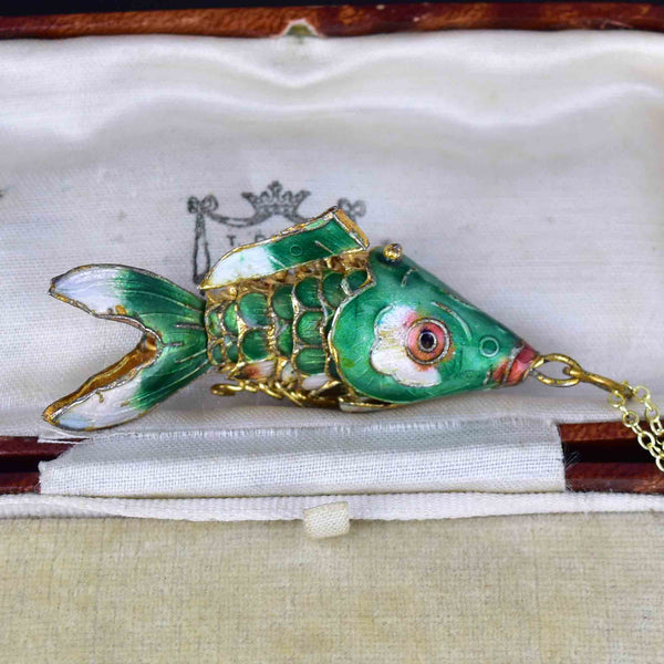 Vintage Articulated Green Enamel Koi Fish Pendant Necklace - Boylerpf