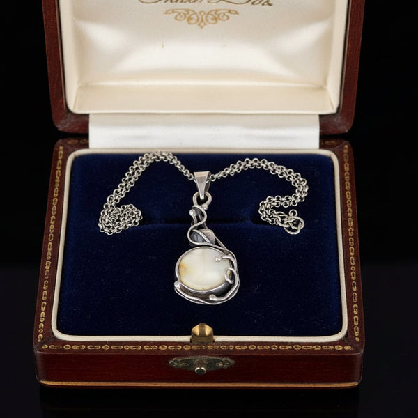 Arts & Crafts Sterling Silver Leaf Mother of Pearl Necklace