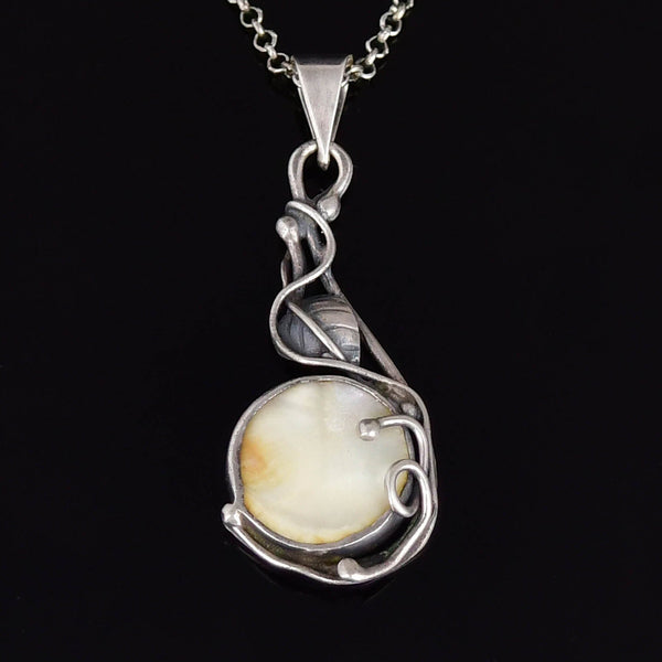 Arts & Crafts Sterling Silver Leaf Mother of Pearl Necklace