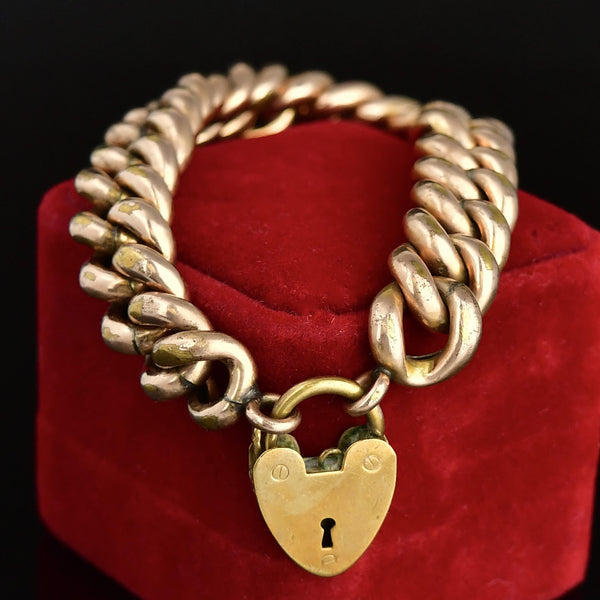 Antique Rolled Rose Gold Heart Padlock Curb Chain Bracelet - Boylerpf