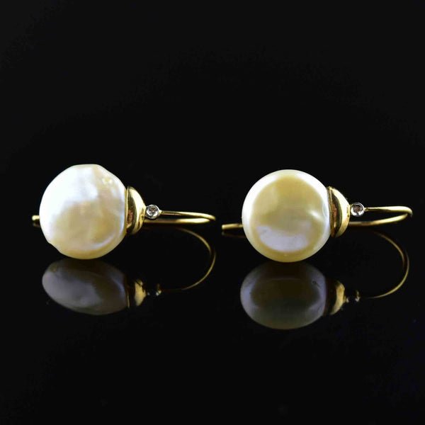 Vintage Button Baroque Pearl Diamond Earrings in 14K Gold - Boylerpf