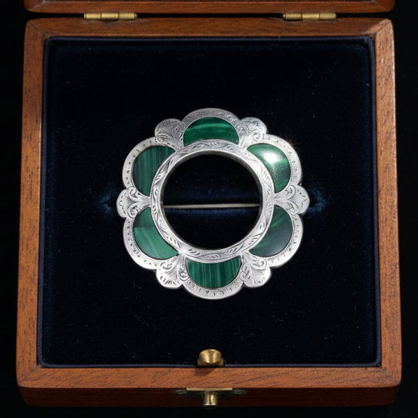 Victorian Scottish Sterling Silver Malachite Brooch