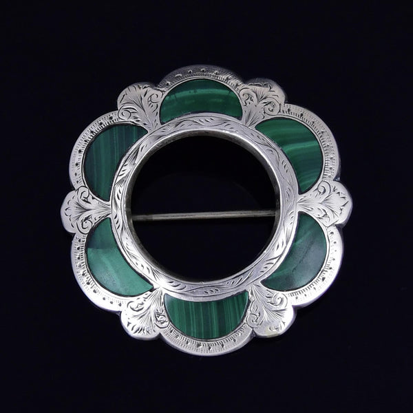 Victorian Scottish Sterling Silver Malachite Brooch