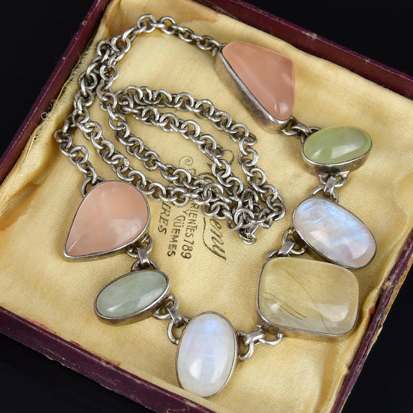 Vintage Silver Green, Rutilated, & Rose Quartz Necklace - Boylerpf